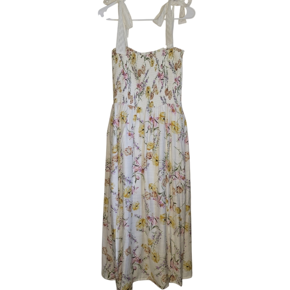 Fanco Floral Smocked Midi Dress Large Cottagecore Tie Shoulder Sundress Romantic - Picture 5 of 11